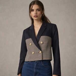 Jason Wu Mixed Media Cropped Navy Plaid‎ Blazer Jacket XS